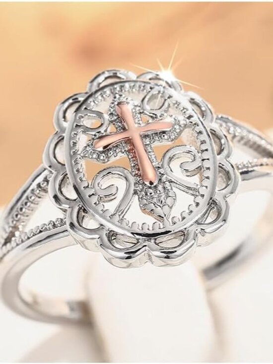 Jewelry - Two-Tone 925 Sterling Silver Plated Cross Statement Rings for Women Men,Victoria